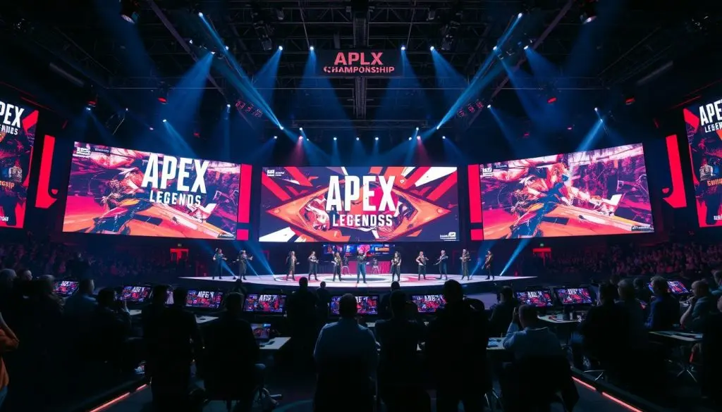 Соревновательный матч Apex Legends с командами на сцене турнира ALGS Соревновательный матч Apex Legends с командами на сцене турнира ALGS